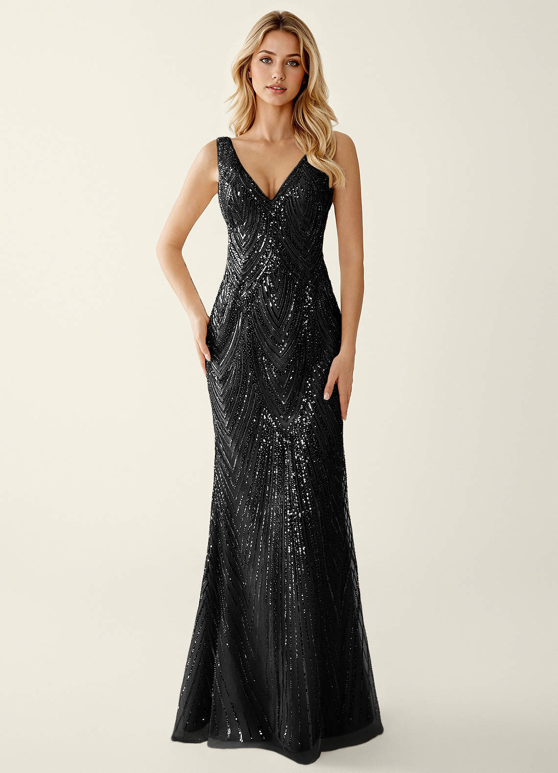 Hazelen Plunging V-Neck Chevron Sequin Tulle Evening Dress in Solid Navy
