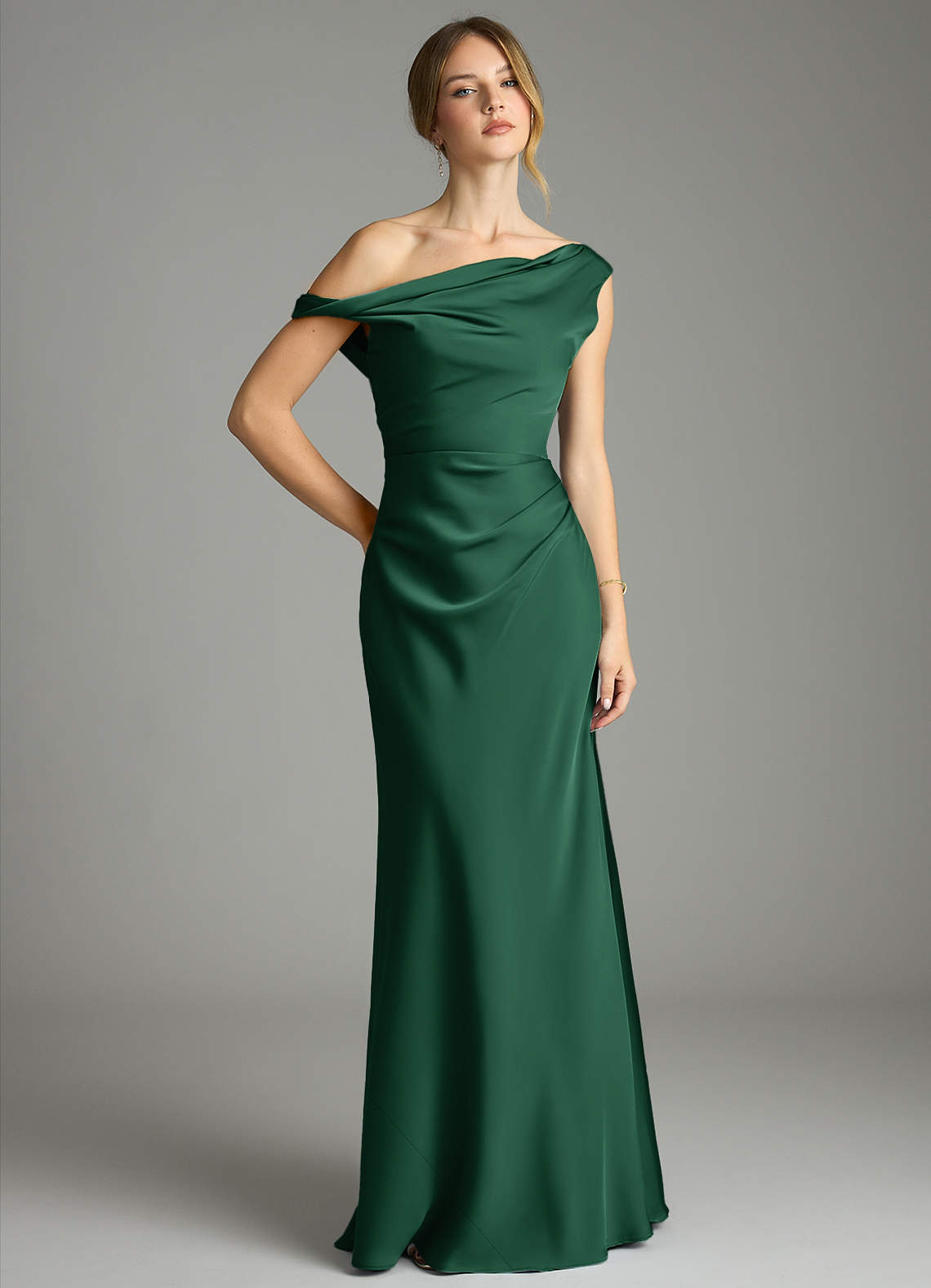 Emerson Mermaid One-Shoulder Stretch Satin Bridesmaid Dress in Dark Green