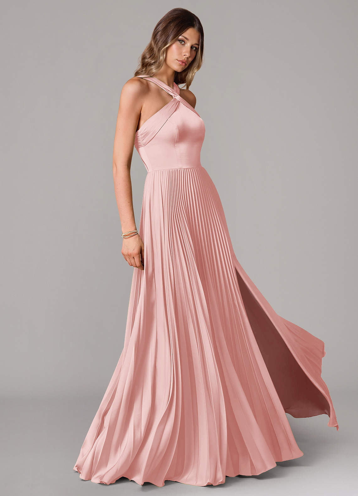 Afra A-Line Halter-Neck Stretch Satin Bridesmaid Dress in Powder Pink