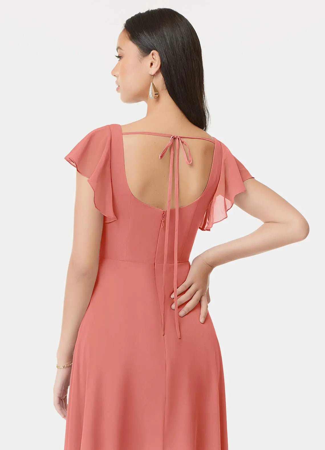 Bondi A-Line Square-Neck Chiffon Bridesmaid Dress in Salmon Pink