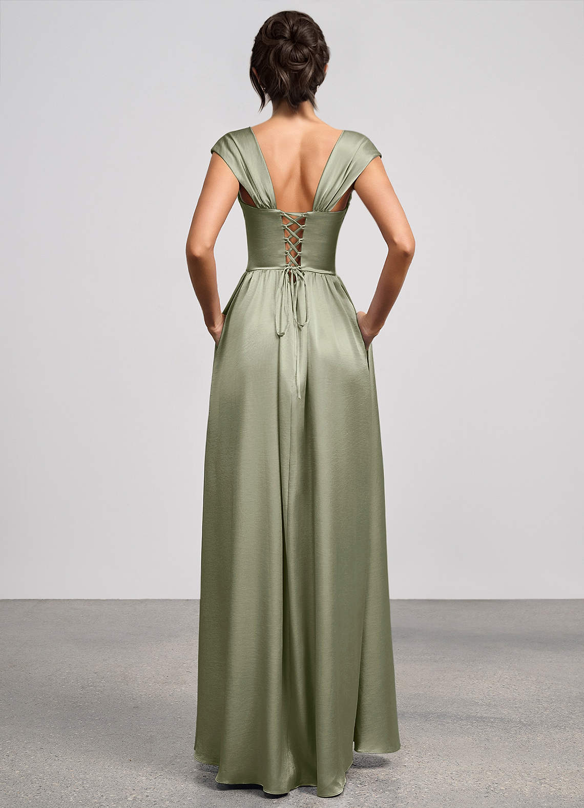 Odette A-Line Corset Luminous Satin Evening Dress in Dusty Sage