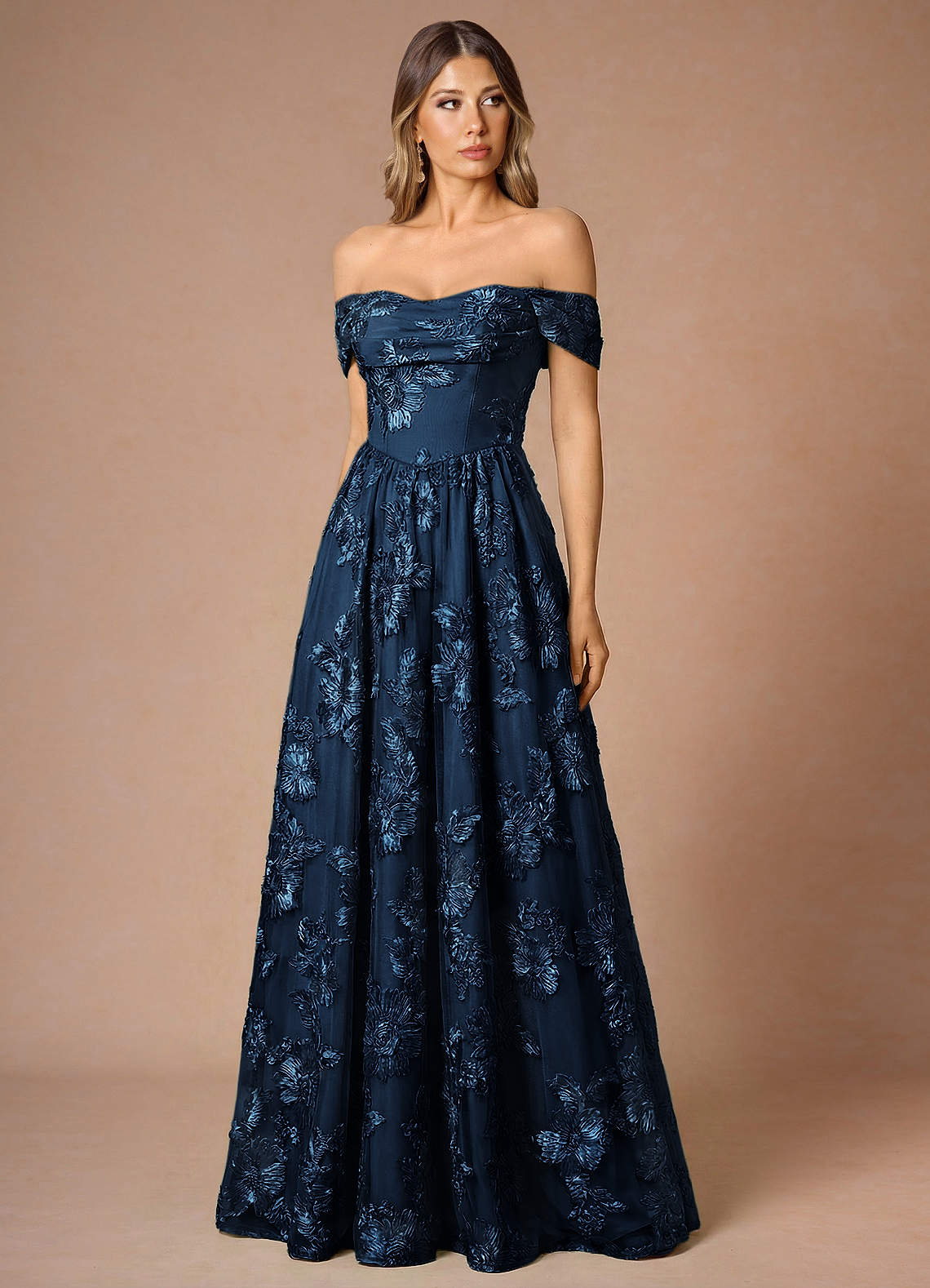 Hazel A-Line Cowl-Neck Floral Mesh Wedding Guest Dress in Navy