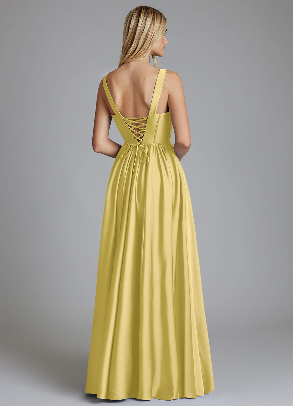Delmie A-Line V-Neck Stretch Satin Bridesmaid Dress in Canary