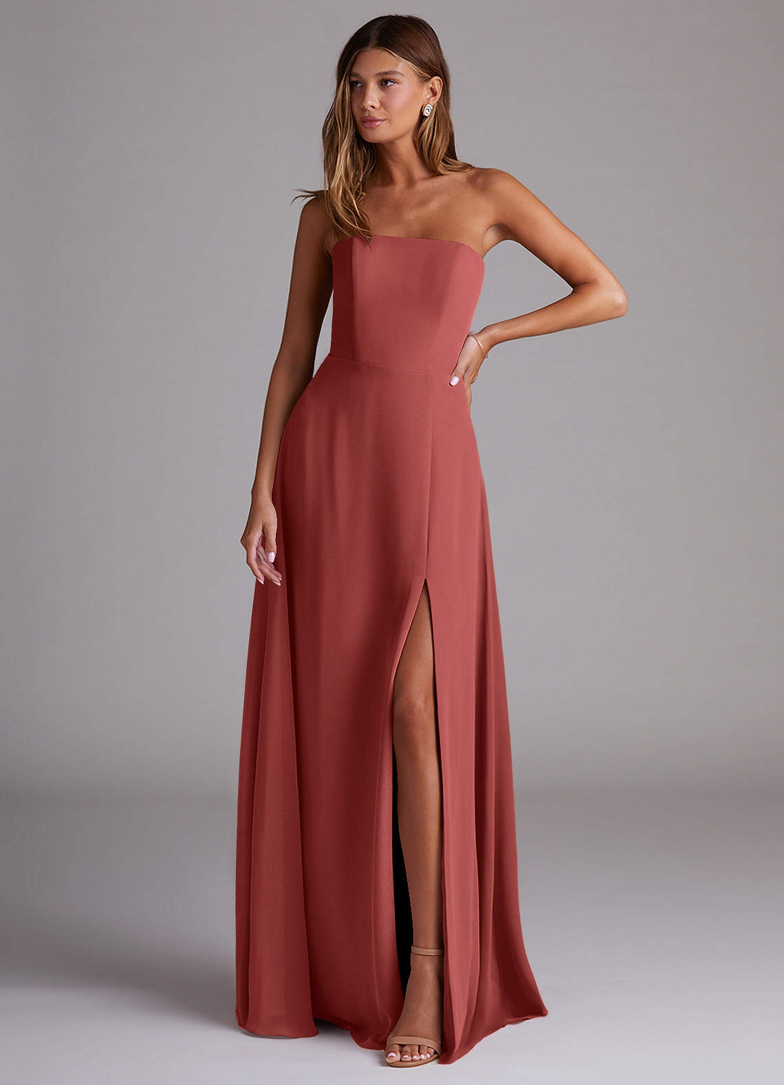 Wren A-Line Straight-Neck Chiffon Bridesmaid Dress in Terracotta