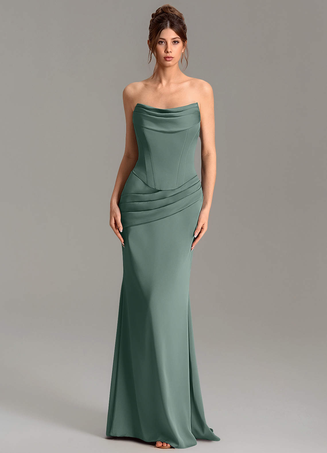 Adrienne Mermaid Cowl-Neck Stretch Satin Bridesmaid Dress in Sea Moss
