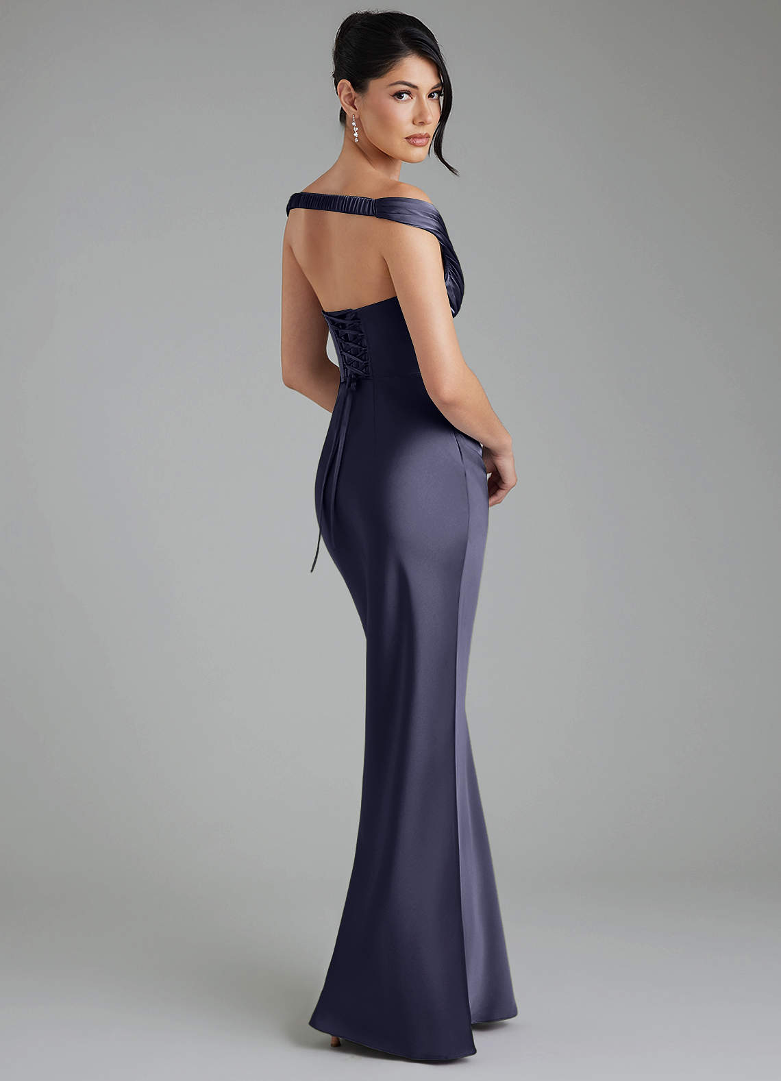 Stella Sheath V-Neck Stretch Satin Bridesmaid Dress in Stormy