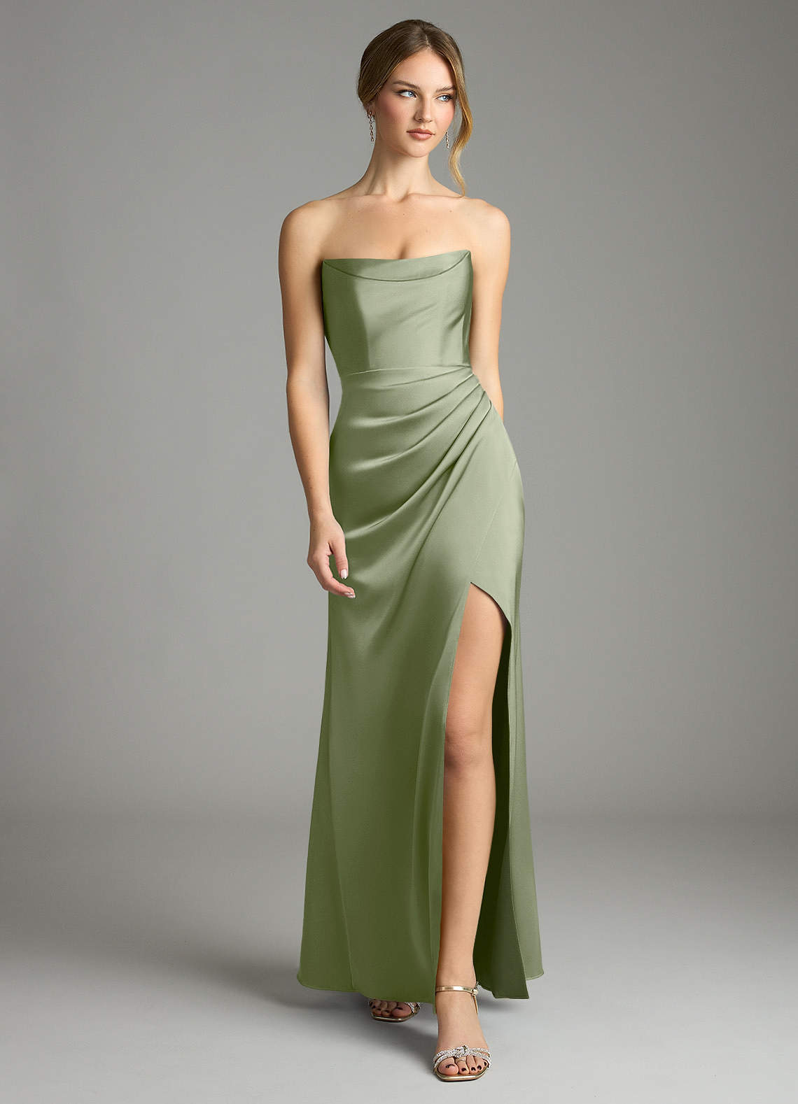 Leonis Mermaid Cowl-Neck Stretch Satin Bridesmaid Dress in Pistachio