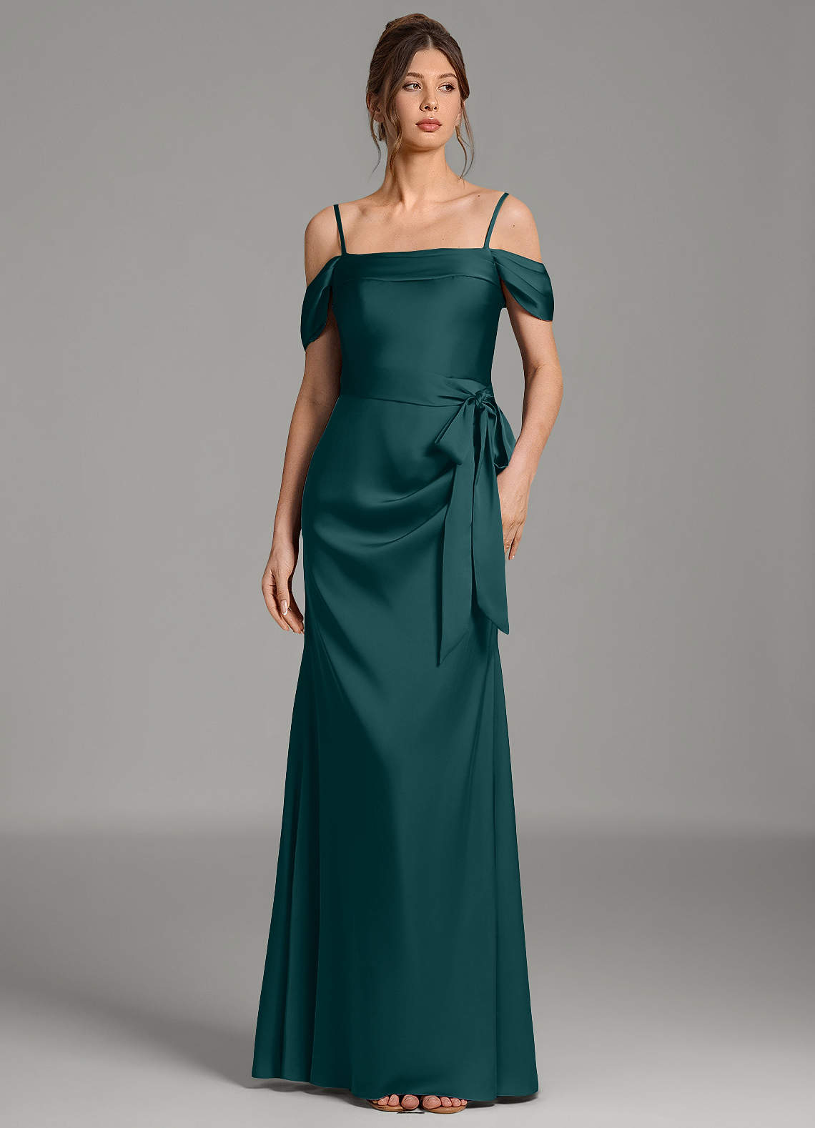 Wyatt Mermaid Off-the-Shoulder Stretch Satin Bridesmaid Dress in Pine