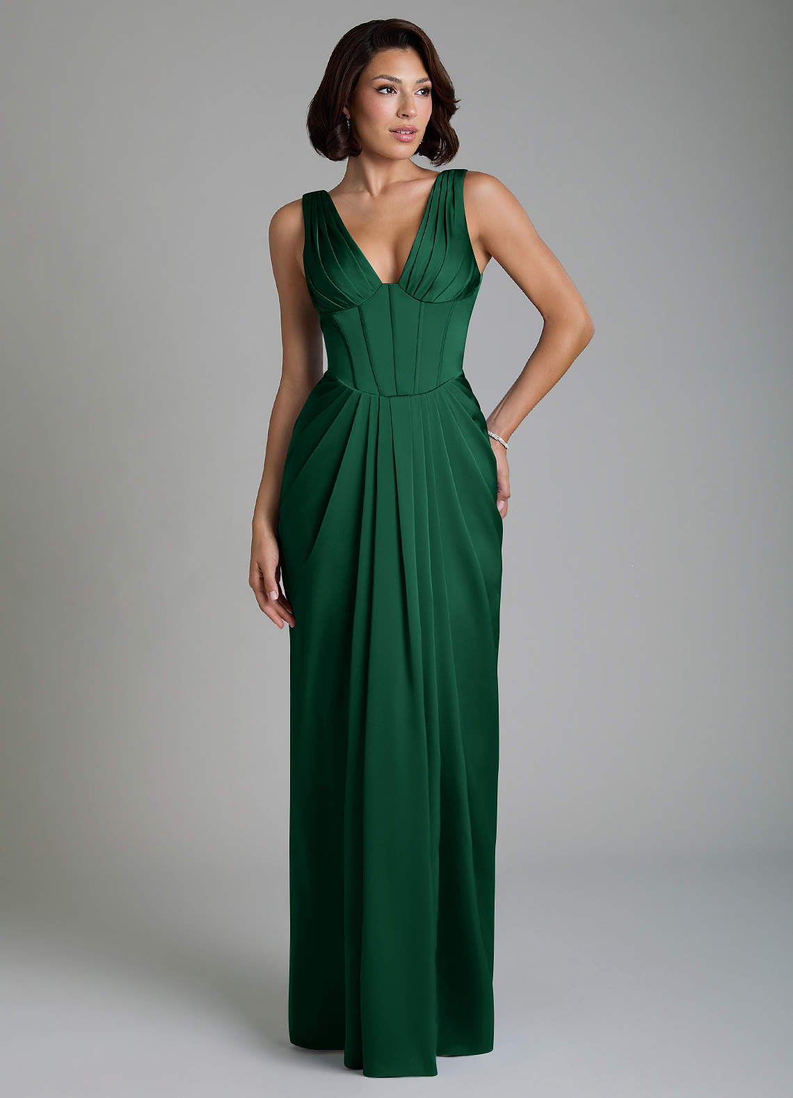 Vanya Sheath V-Neck Stretch Satin Bridesmaid Dress in Dark Green