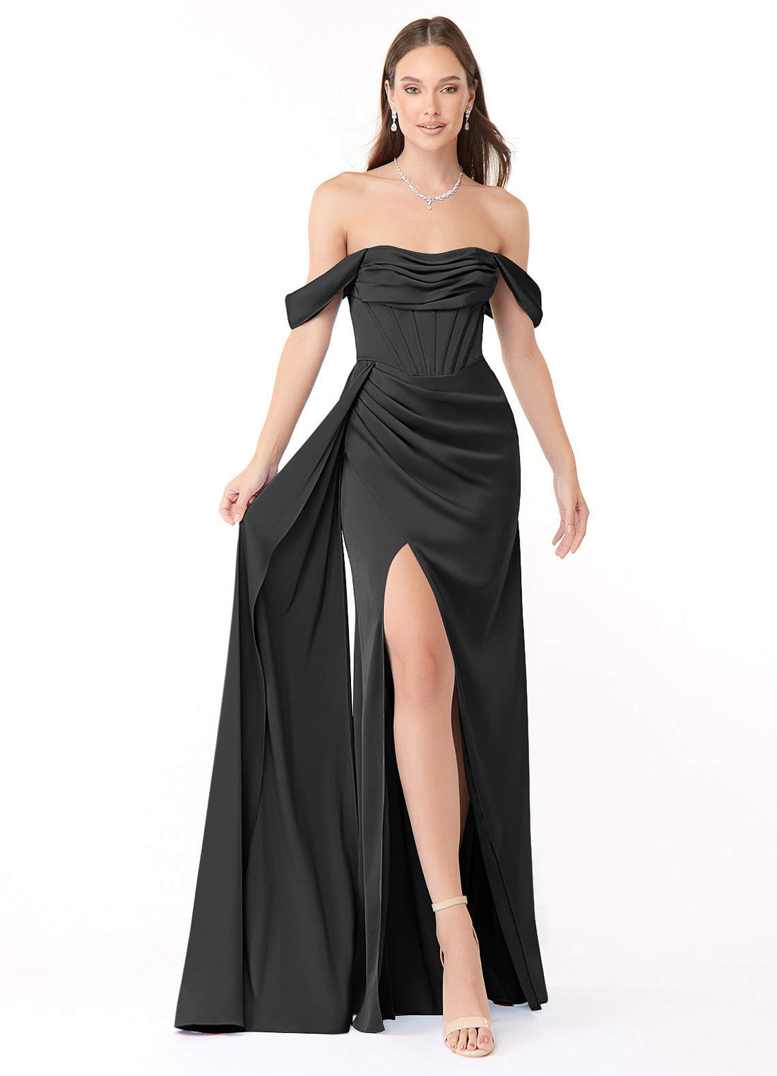 Amyra Mermaid Off-the-Shoulder Stretch Satin Bridesmaid Dress in black