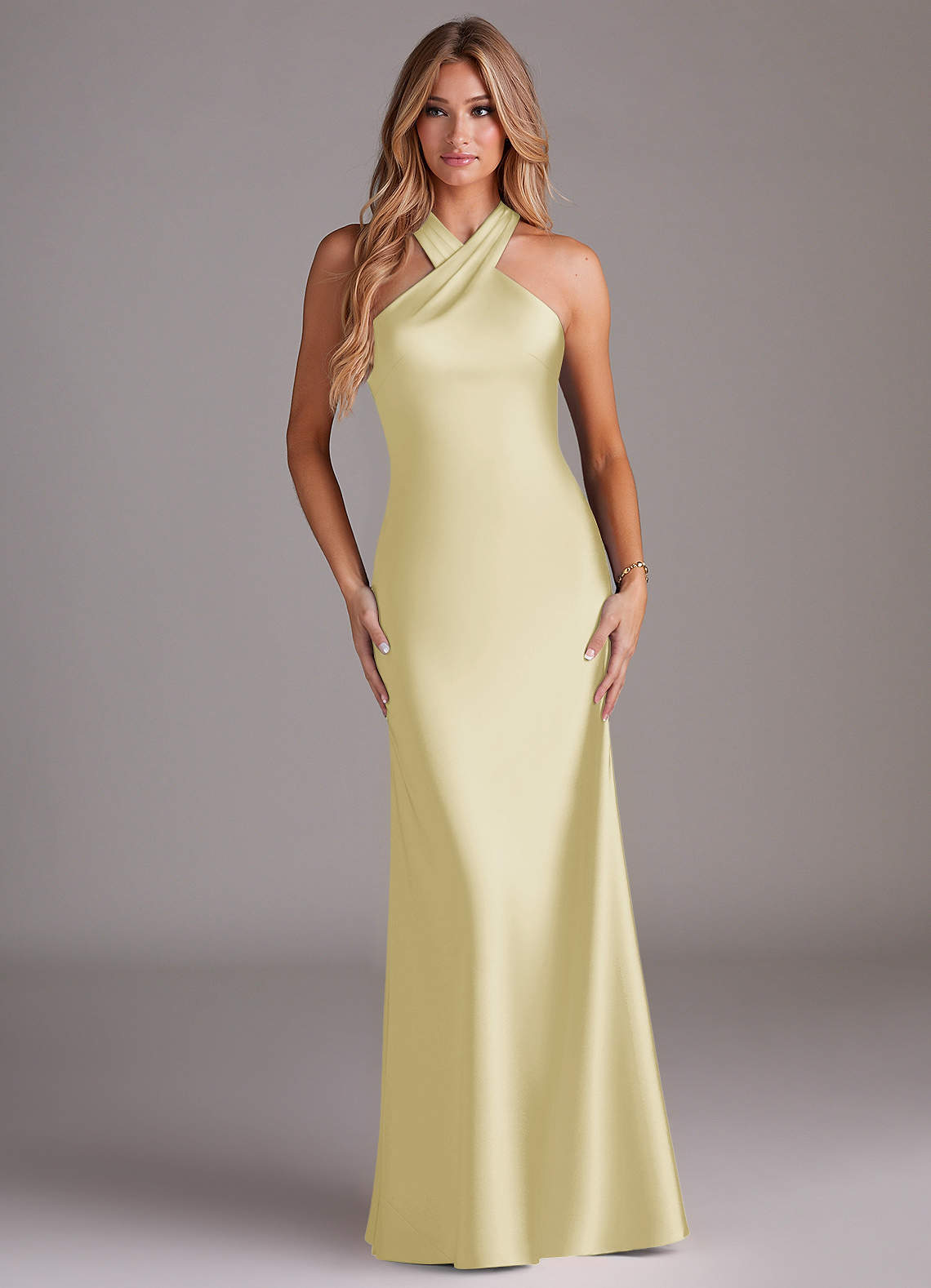 Doretta Mermaid Halter Stretch Satin Bridesmaid Dress in Lemon Sorbet