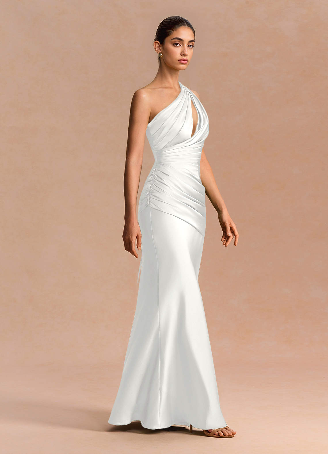 Guinevere One-Shoulder Cutout Stretch Satin Evening Dress in White