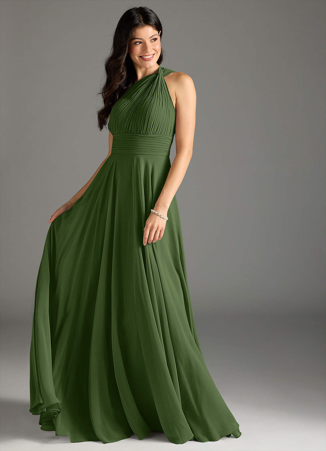 Charlize A-Line One-Shoulder Chiffon Bridesmaid Dress in Olive