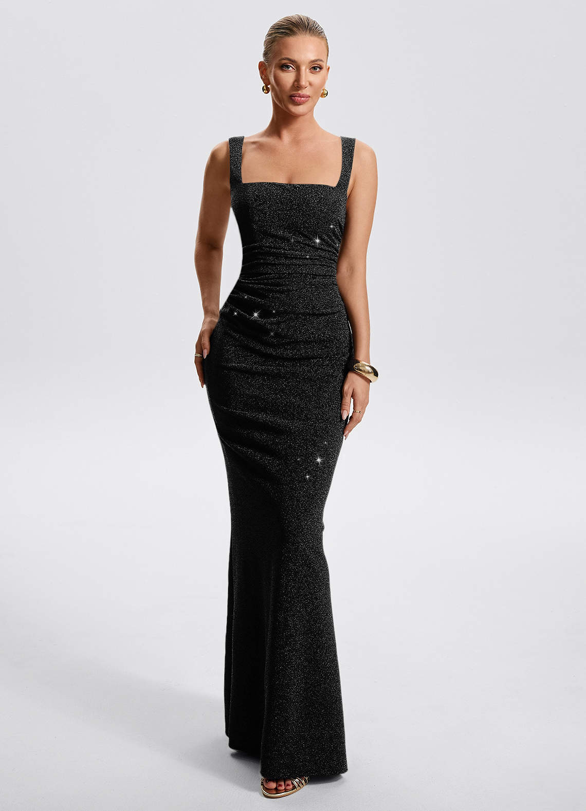 Eira Sheath Square-Neck Metallic Knit Evening Dress in Dark Navy