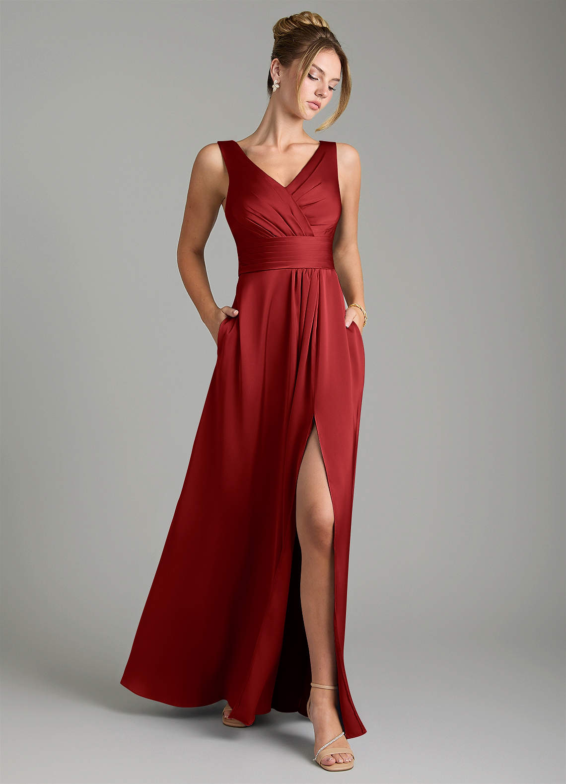 Karina A-Line V-Neck Stretch Satin Bridesmaid Dress in Pomegranate