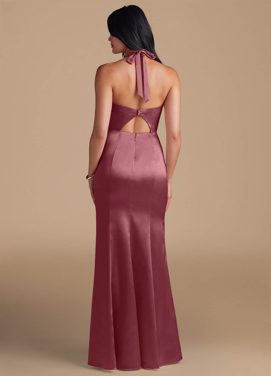 Emeria Sheath Halter Metallic Satin Bridesmaid Dress in Desert Rose