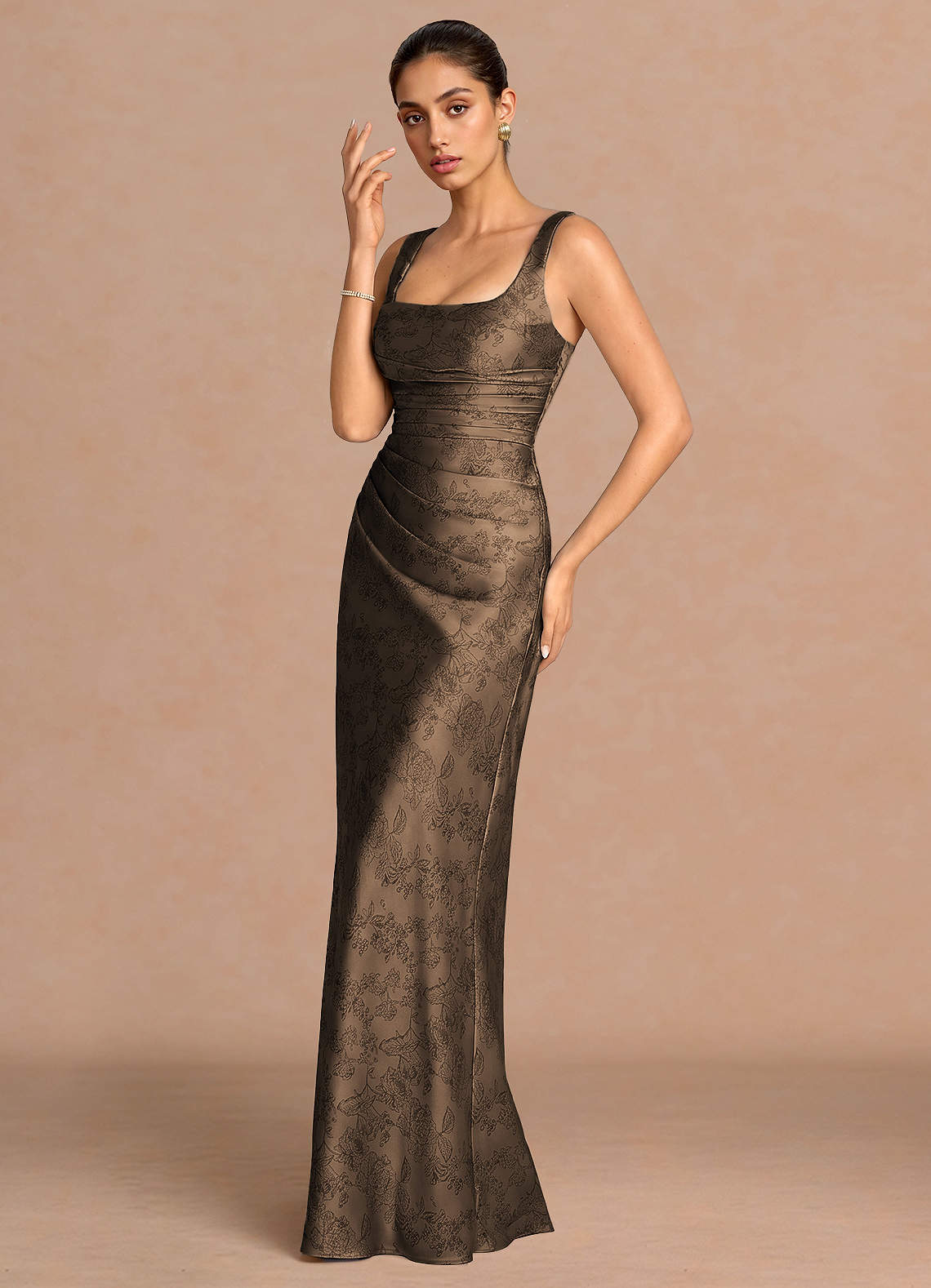 Agustina Square-Neck Pleated Jacquard Evening Dress in Coffee Brown