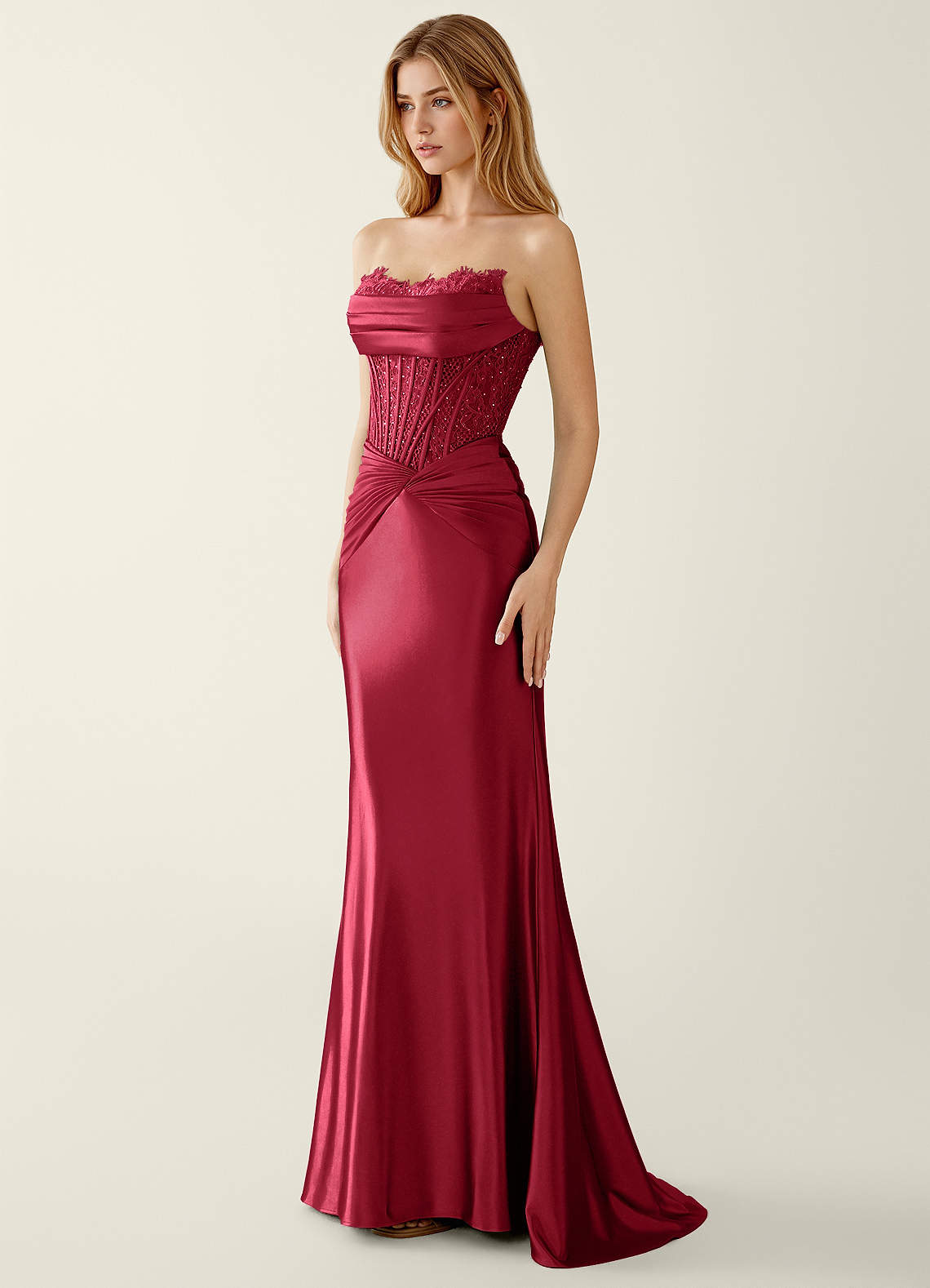 Sasha Mermaid Strapless Stretch Satin Evening Dress in Burgundy