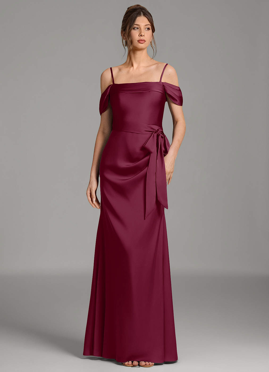 Wyatt Mermaid Off-the-Shoulder Stretch Satin Bridesmaid Dress in Mulberry