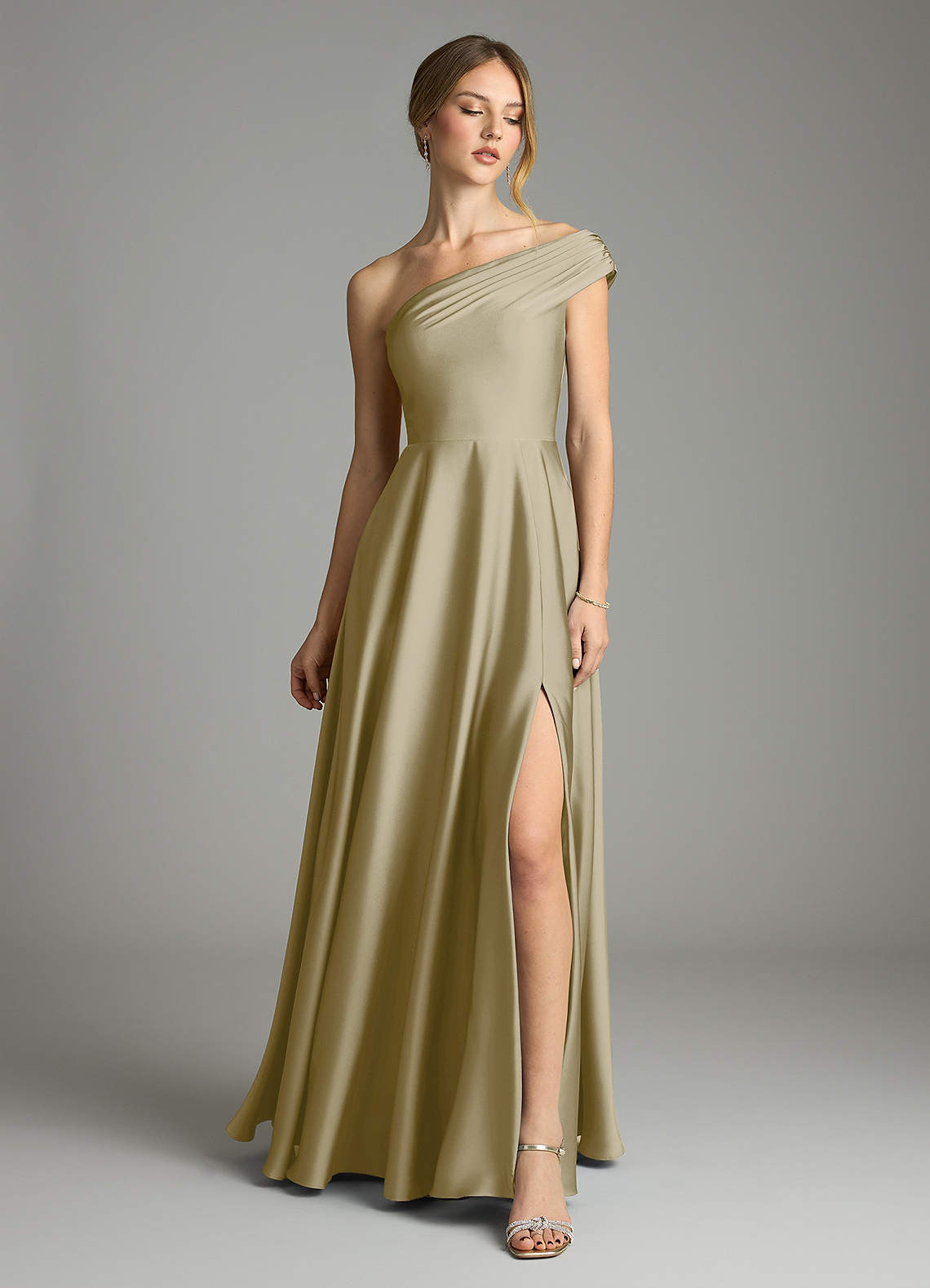Melanie A-Line One-Shoulder Stretch Satin Bridesmaid Dress in Moss Green