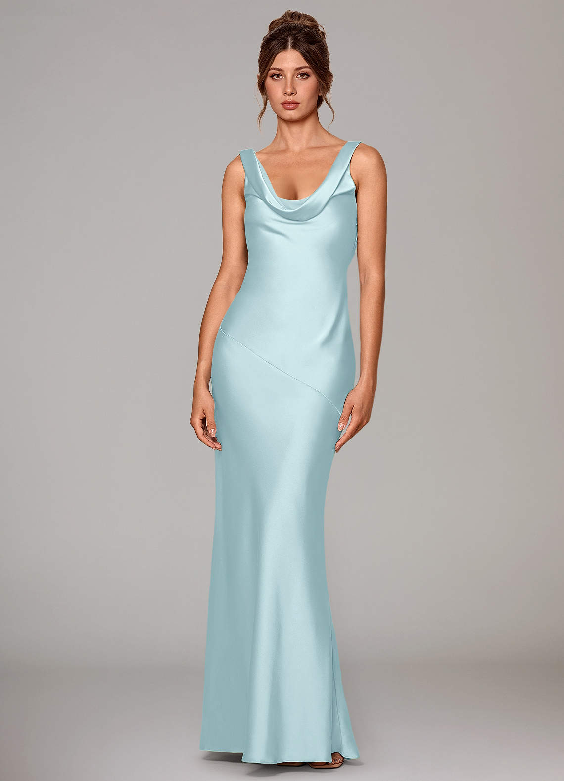 Rylina Mermaid Cowl-Neck Stretch Satin Bridesmaid Dress in Cloud Blue