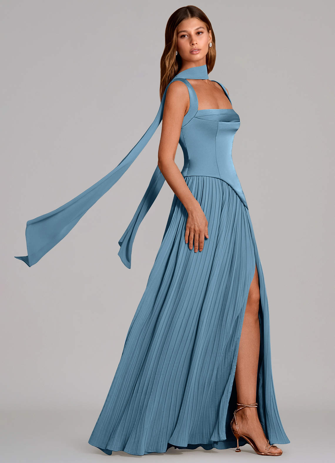 Stephanie A-Line Square-Neck Stretch Satin and Chiffon Bridesmaid Dress in Steel Blue