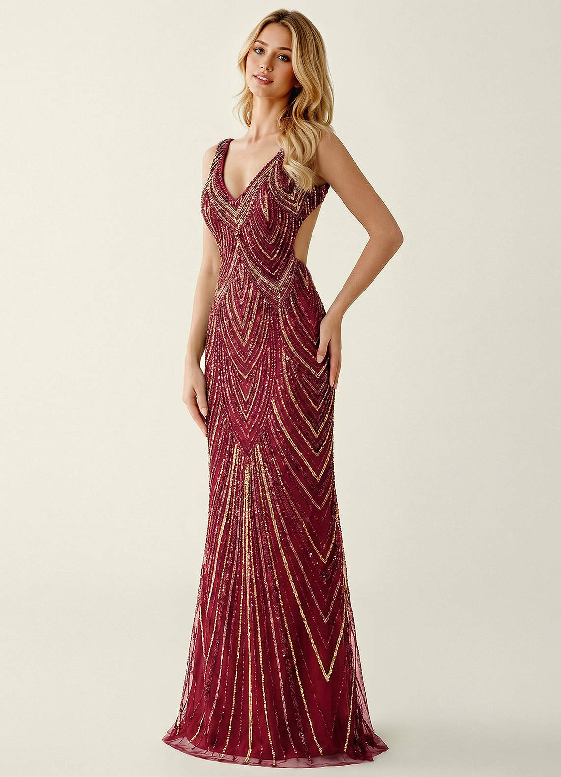 Hazelen Plunging V-Neck Chevron Sequin Tulle Evening Dress in Burgundy