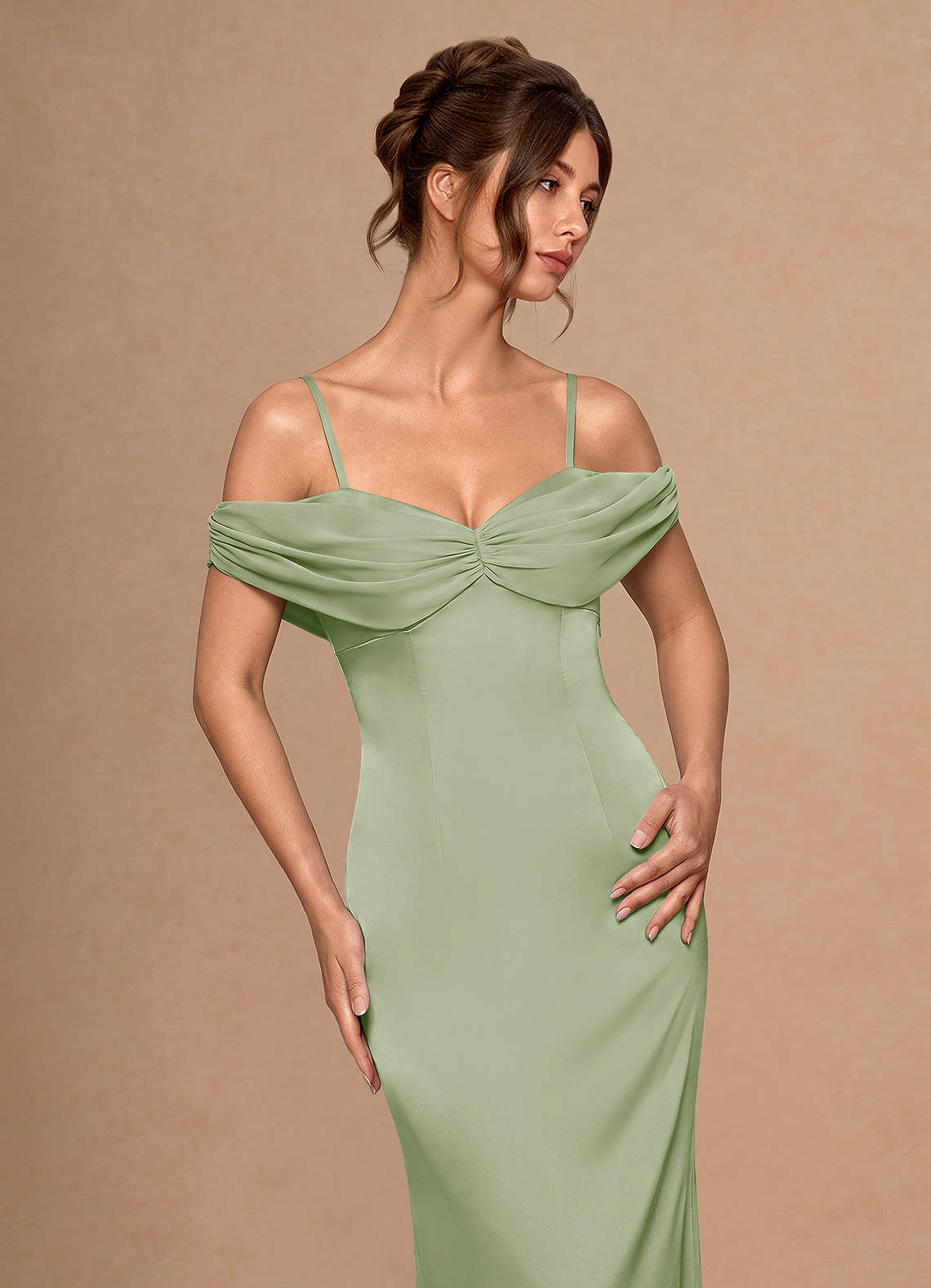 Estelle A-Line Cold-Shoulder Satin Chiffon Evening Dress in Light Green