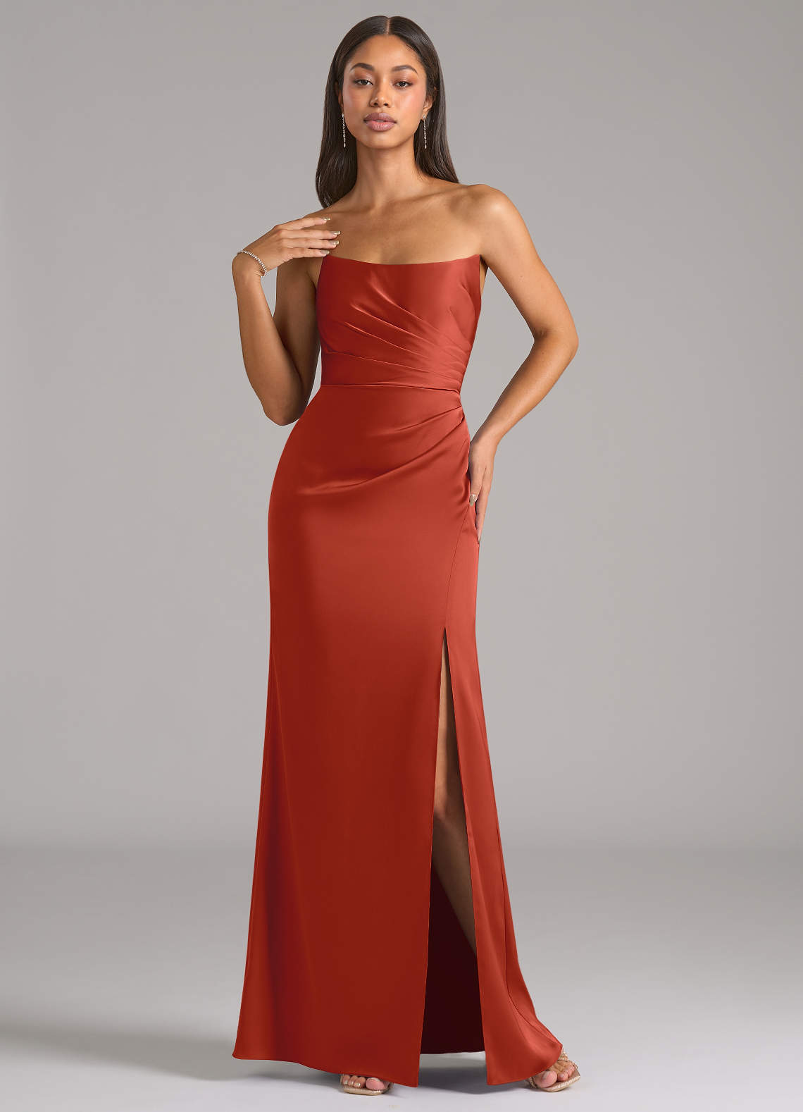Marla Sheath Strapless Stretch Satin Bridesmaid Dress in Rust