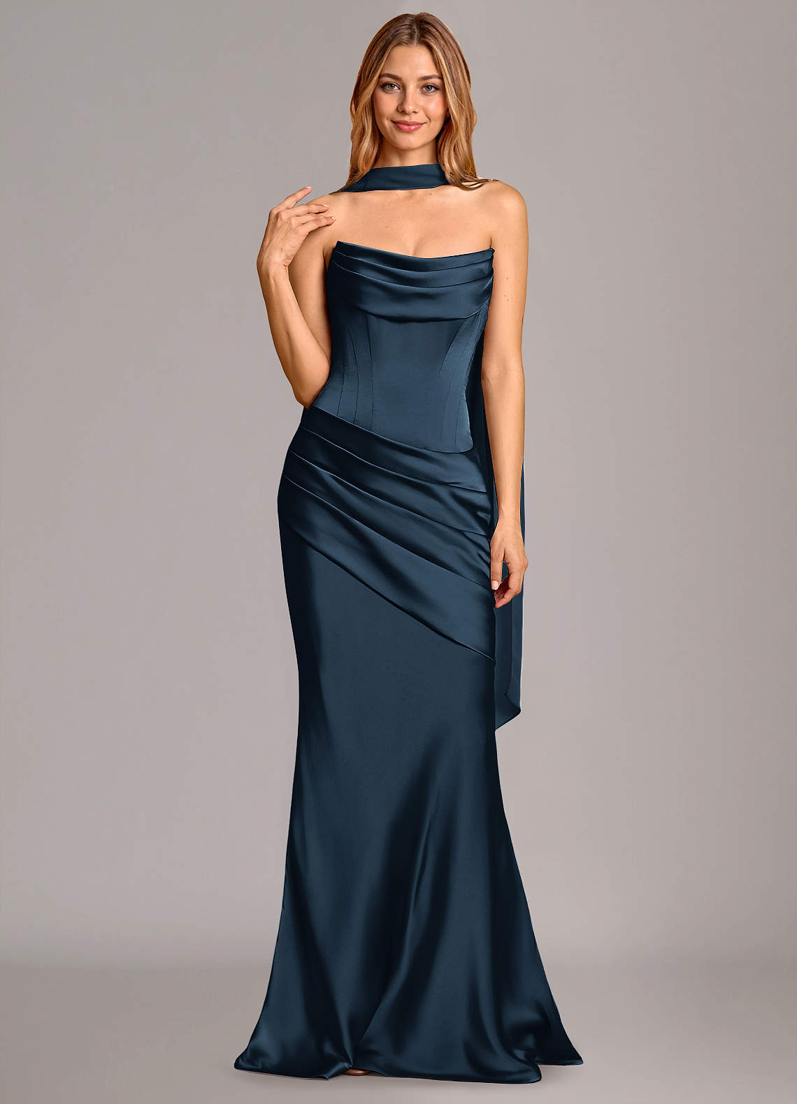 Pelagia Mermaid Cowl-Neck Stretch Satin Bridesmaid Dress in Dark Navy