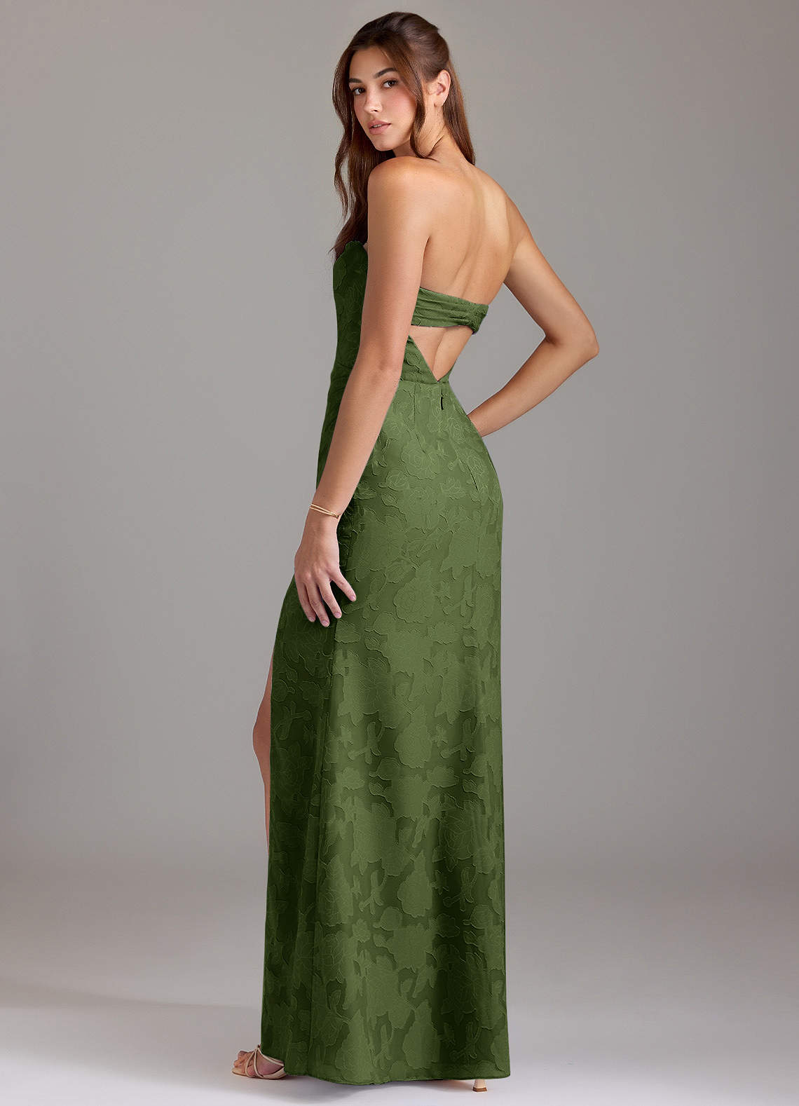 Leonis Sheath Strapless Floral Burnout Bridesmaid Dress in Olive