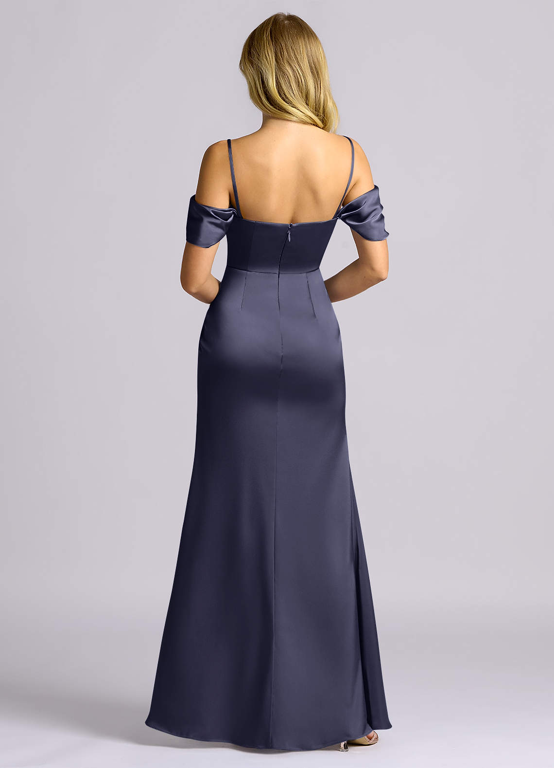 Auden Sheath Off-the-Shoulder Stretch Satin Bridesmaid Dress in Stormy
