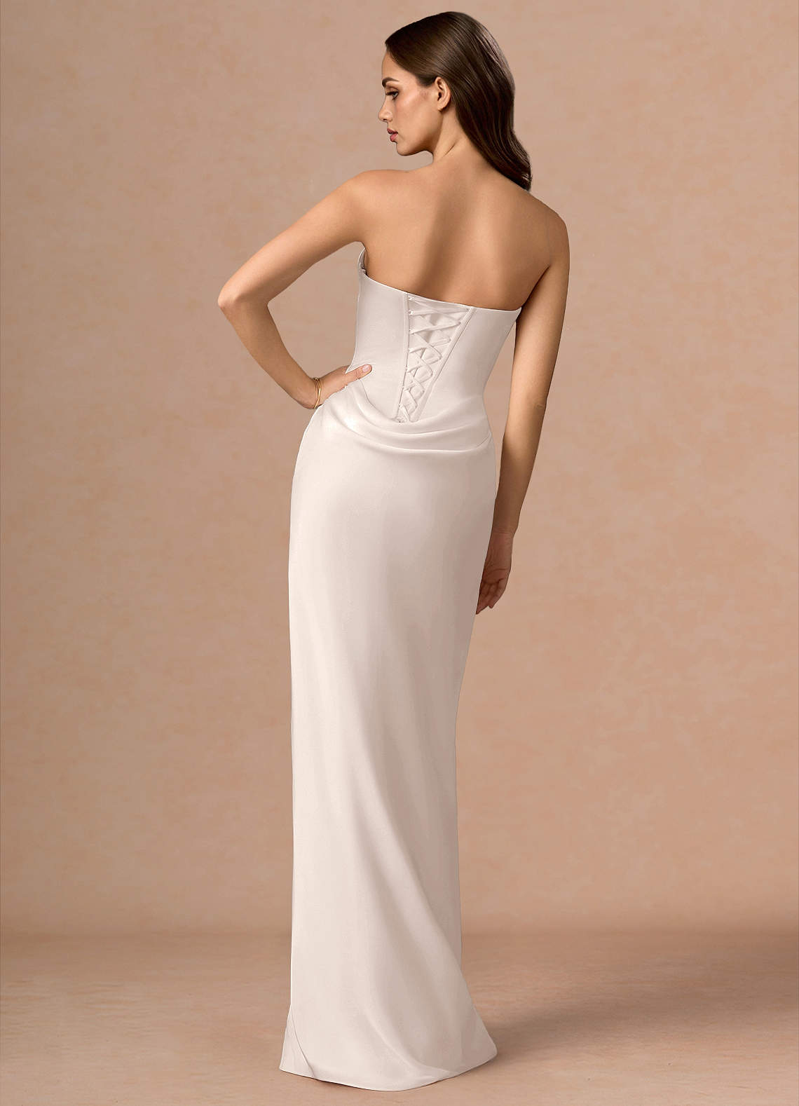 Valencia Scarf Lace-Up Stretch Satin Evening Dress in Cream