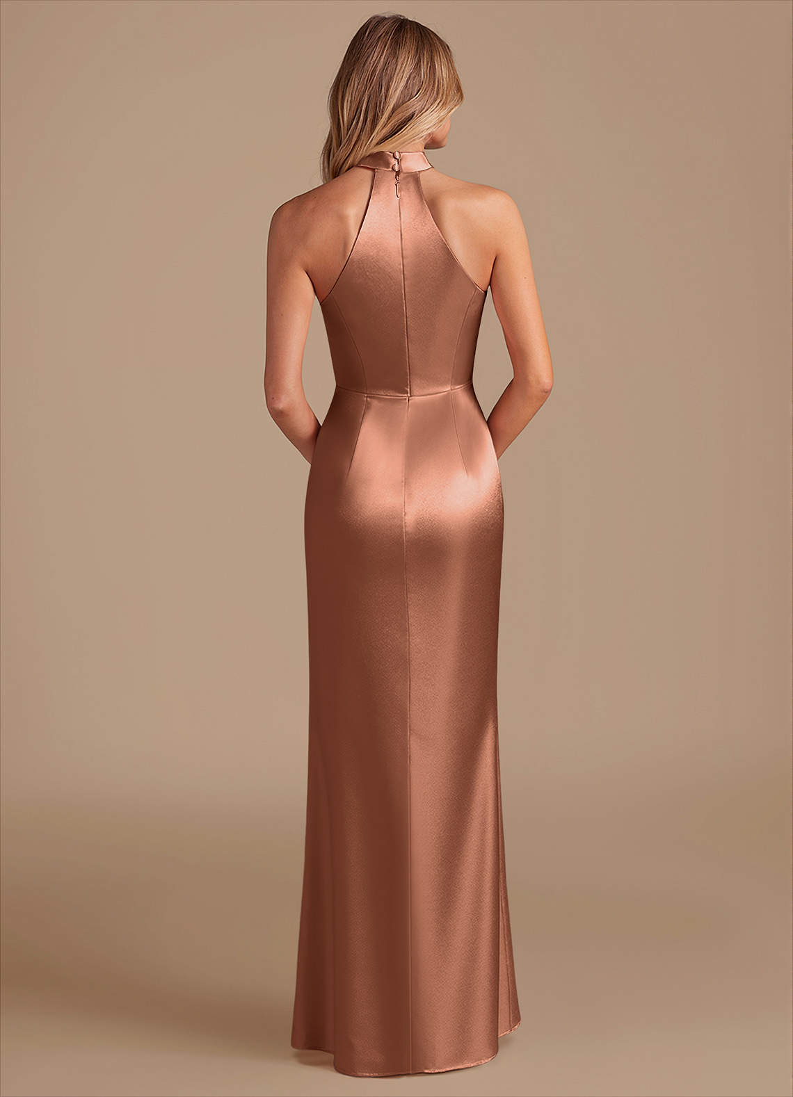 Karlotta Sheath Halter-Neck Metallic Satin Bridesmaid Dress in Bronzer