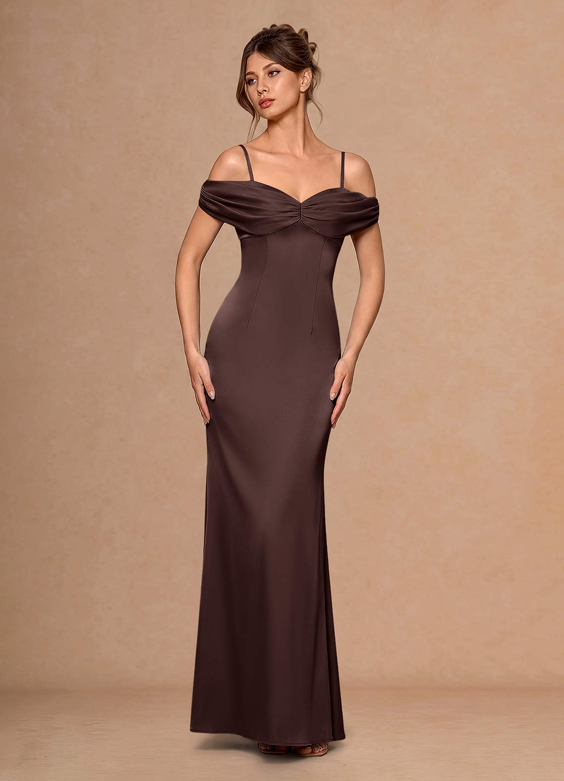 Estelle A-Line Cold-Shoulder Satin Chiffon Evening Dress in Truffle
