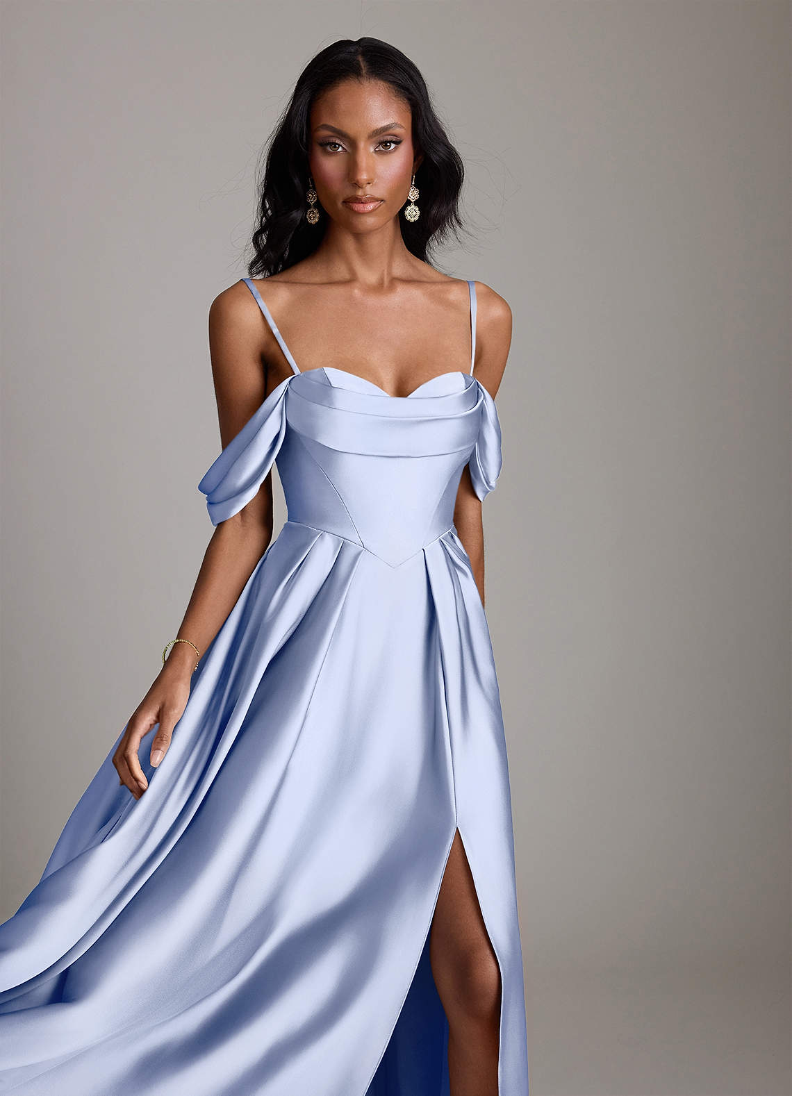 Loisa A-Line Off-the-Shoulder Stretch Satin Bridesmaid Dress in Ice