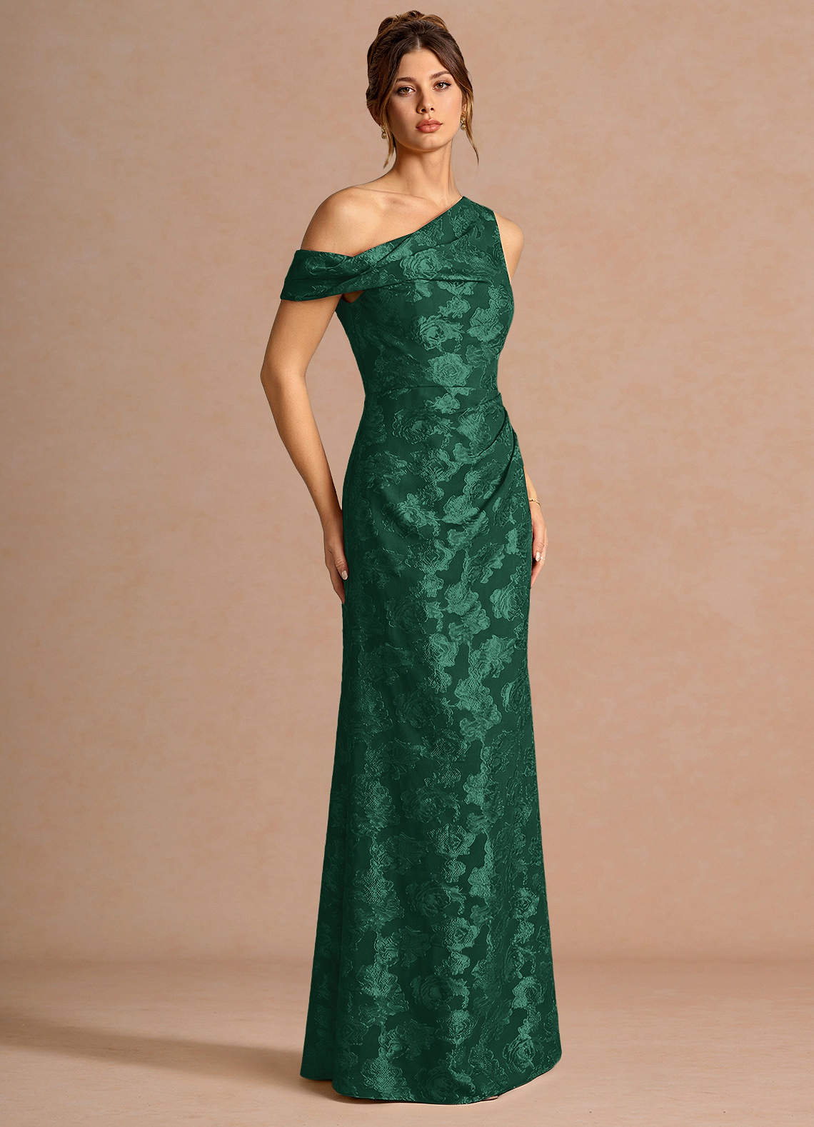 Kismet Mermaid One-Shoulder Fil Coupé Wedding Guest Dress in Hunter Green
