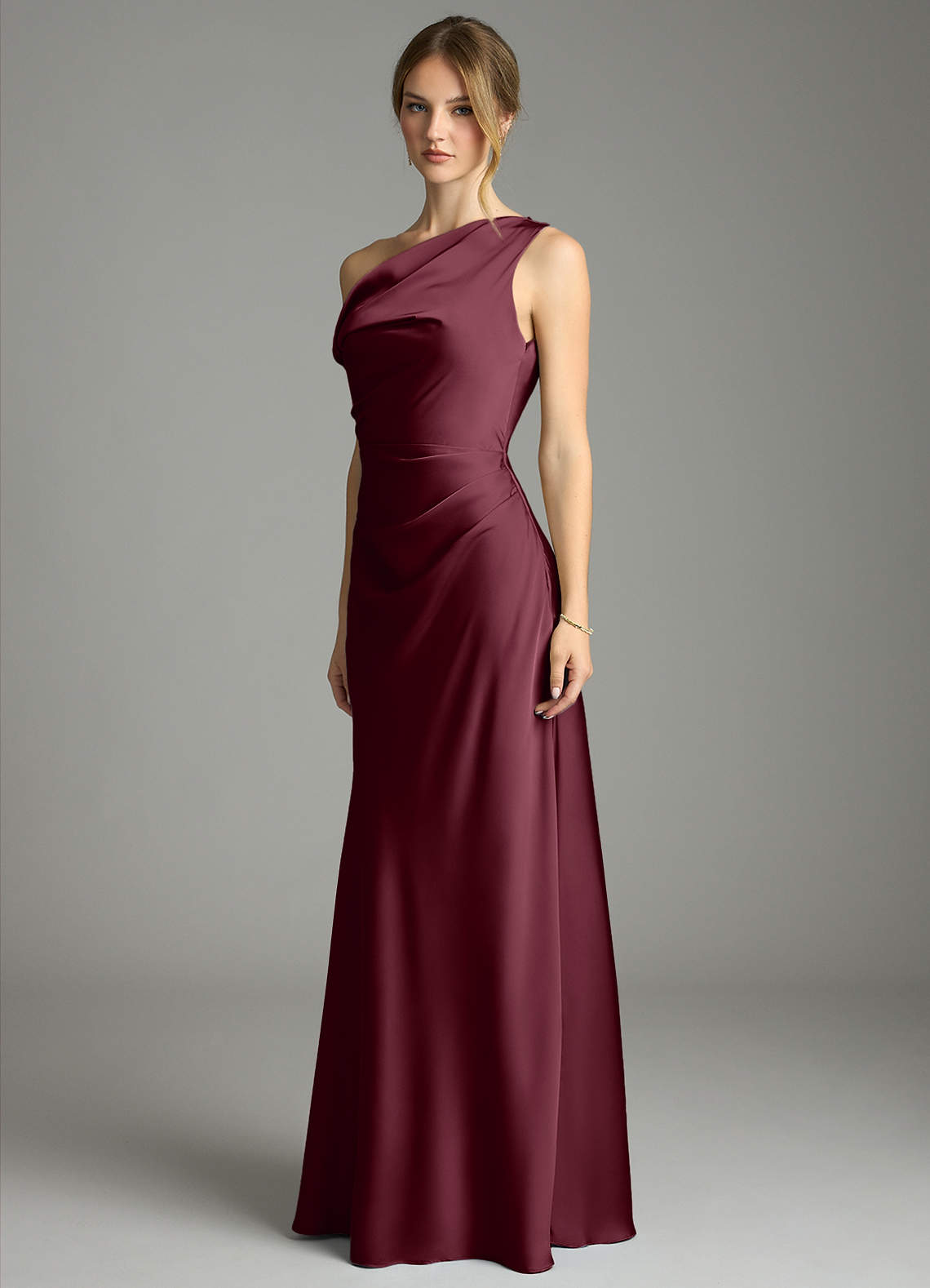 Emerson Mermaid One-Shoulder Stretch Satin Bridesmaid Dress in Cabernet