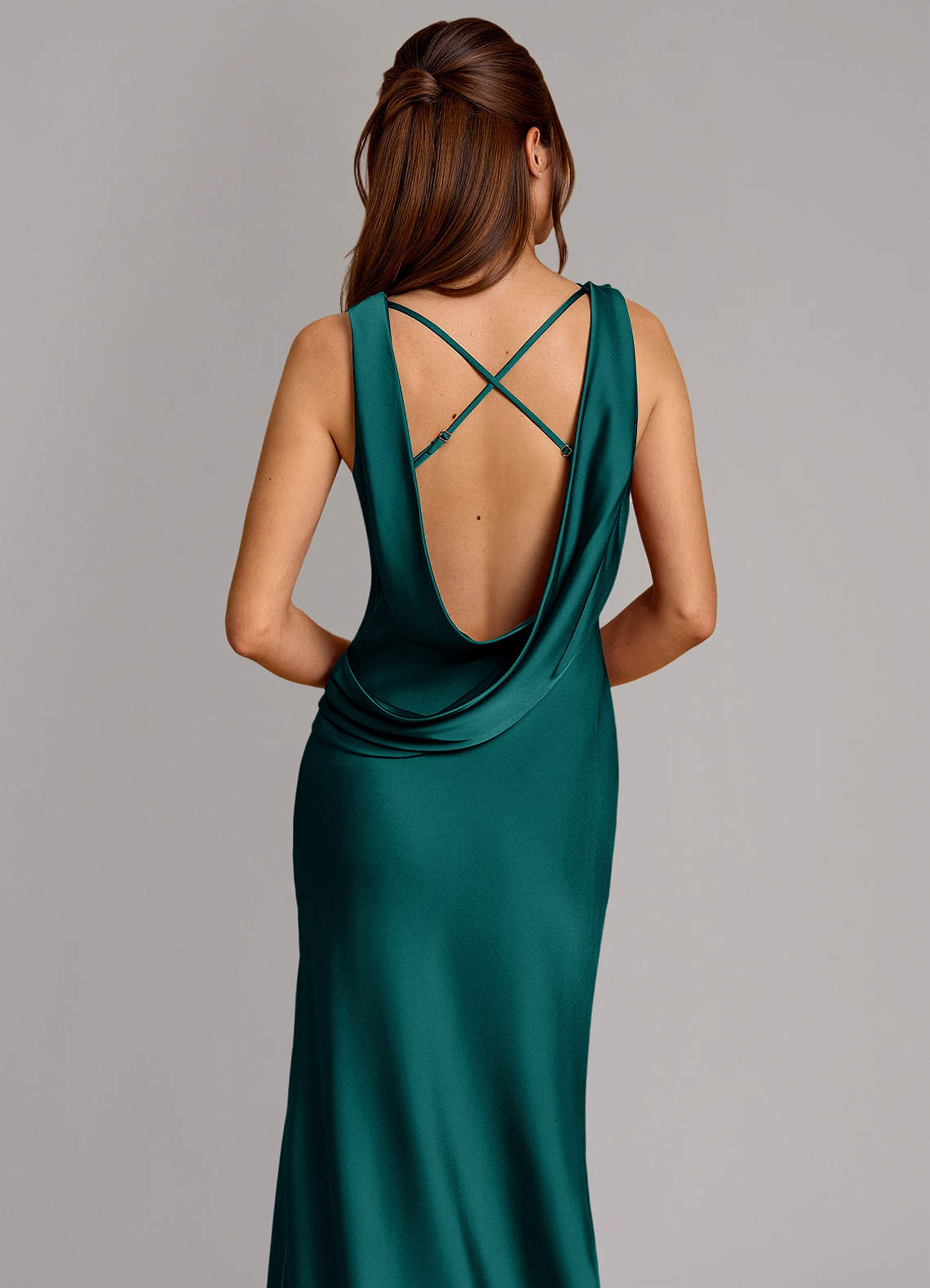 Cheryl Mermaid Cowl-Neck Stretch Satin Bridesmaid Dress in Peacock