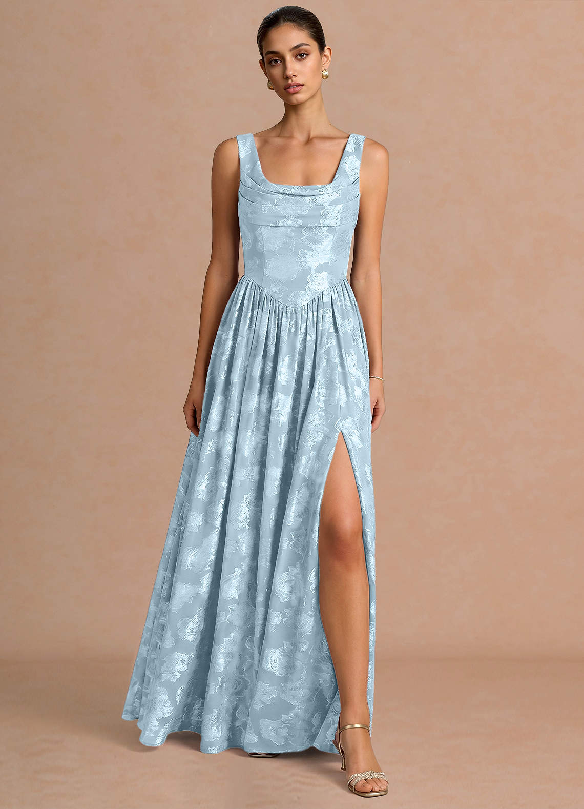 Novi A-Line Draped-Neck Floral Fil Coupé Evening Dress in Lemon Sorbet