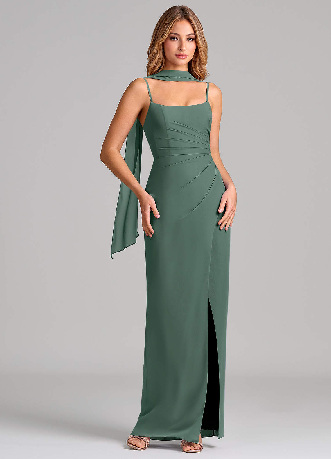 Calandra Sheath Scoop-Neck Chiffon Bridesmaid Dress in Sea Moss