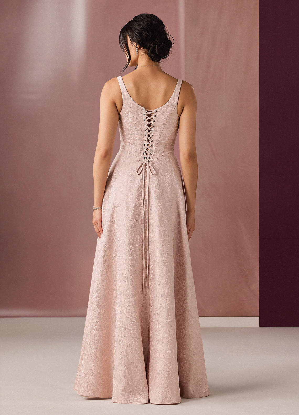 Satine Ball Gown V-Neck Jacquard Evening Dress in Blush Pink