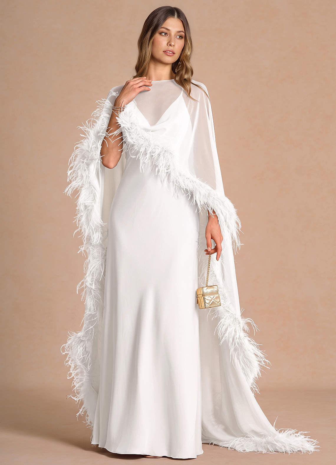 Samara Sheath Feather-Trim Satin Chiffon Wedding Guest Dress in White