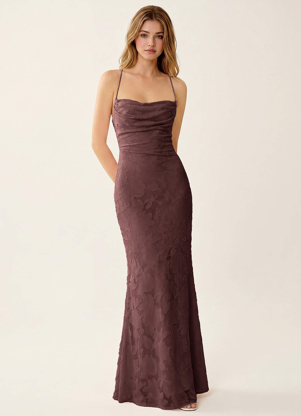 Natasha Mermaid Spaghetti-Strap Floral Burnout Evening Dress in Mocha Coco