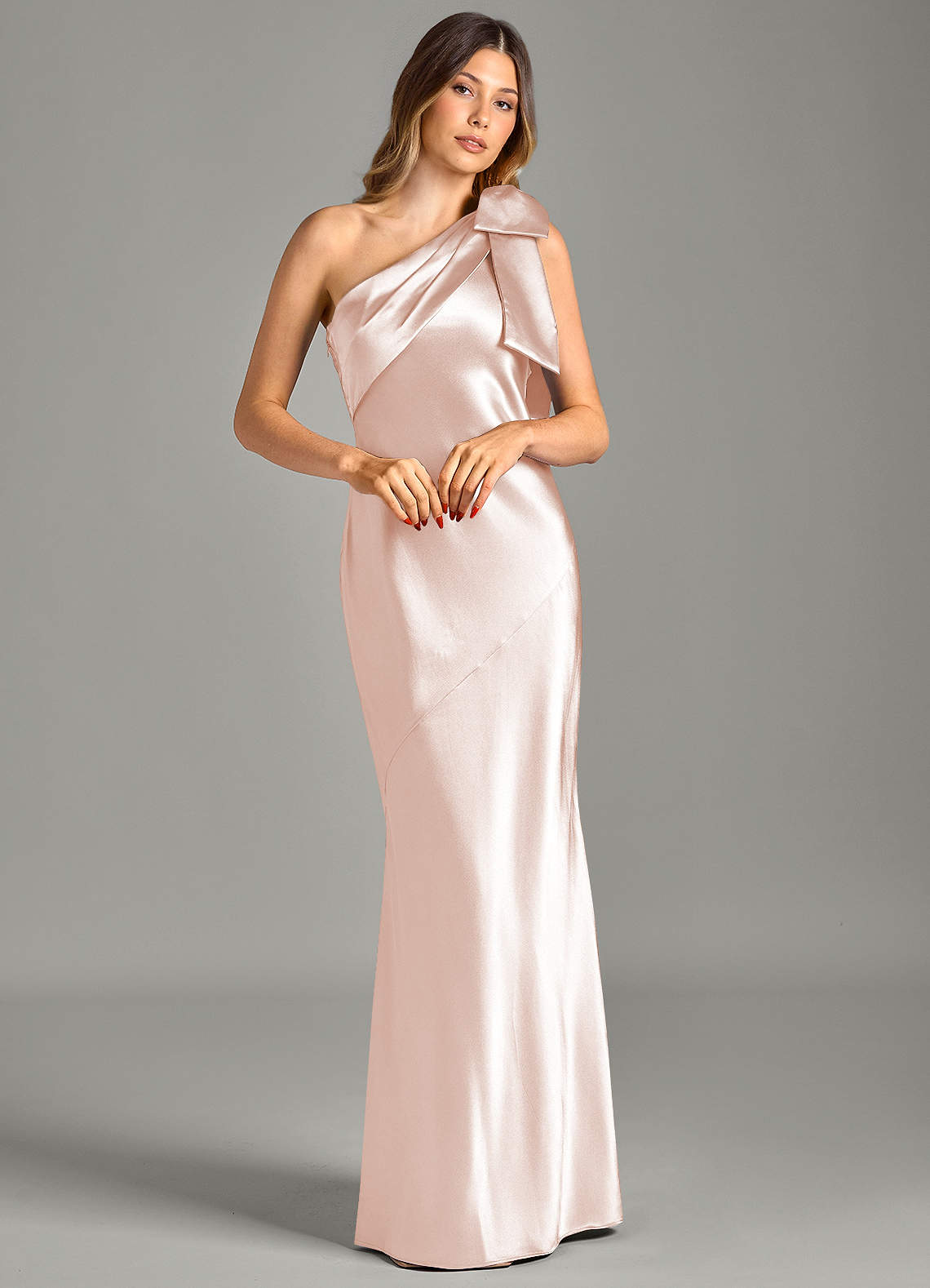Yuanna Mermaid One-Shoulder Metallic Satin Bridesmaid Dress in rose gold