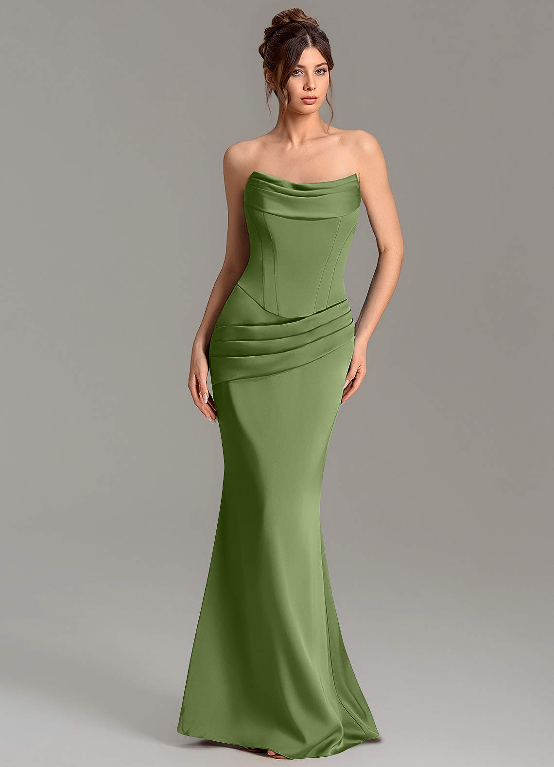 Adrienne Mermaid Cowl-Neck Stretch Satin Bridesmaid Dress in Juniper