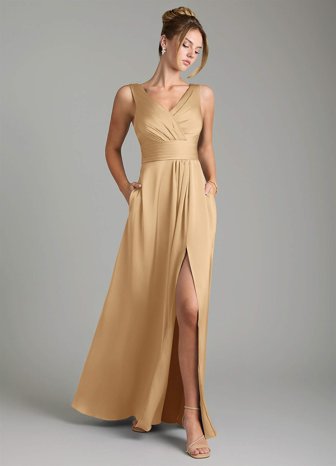 Karina A-Line V-Neck Stretch Satin Bridesmaid Dress in Gold