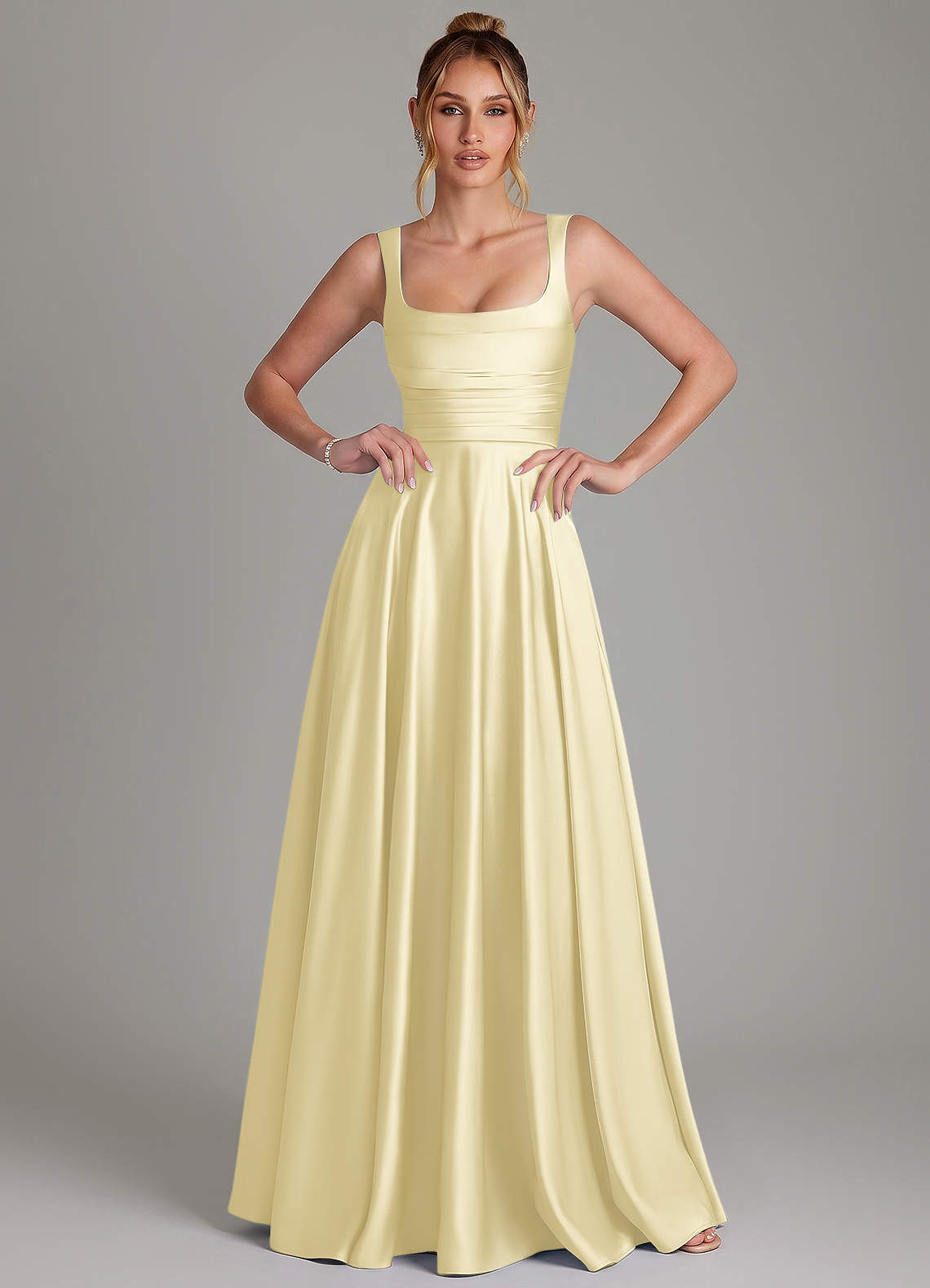 Azaria A-Line Square-Neck Stretch Satin Bridesmaid Dress in Lemon Sorbet