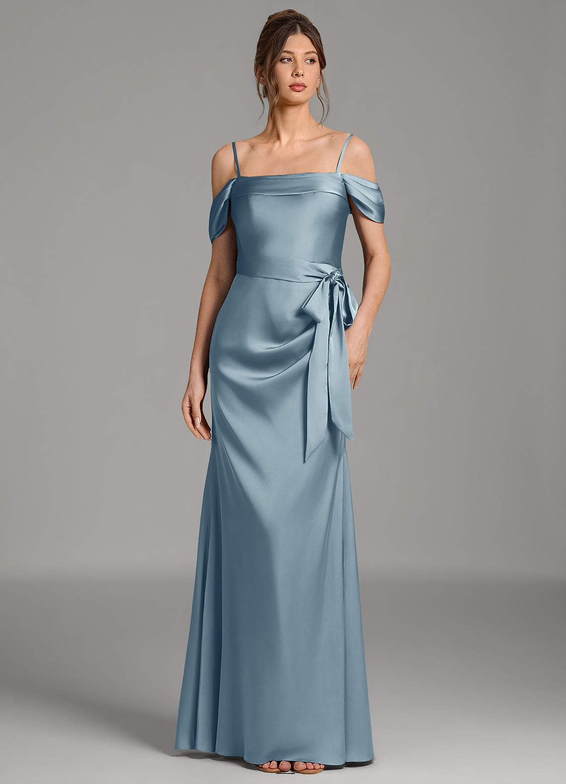 Wyatt Mermaid Off-the-Shoulder Stretch Satin Bridesmaid Dress in dusty blue