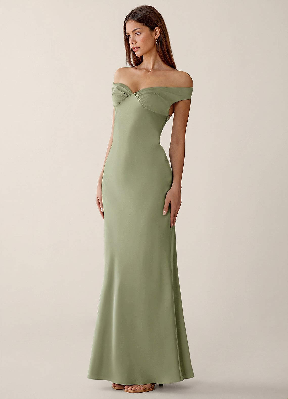 Gwendonme Sheath Off-the-Shoulder Satin Crystal Linen Evening Dress in Pistachio